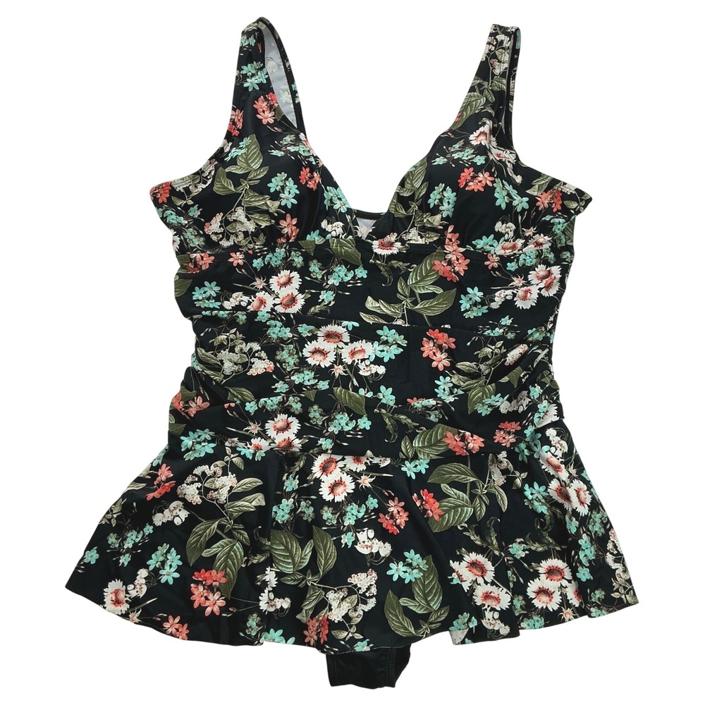 Jaclyn Smith Black Floral Swimdress Women Size 18 V-Neck Skirted One Piece